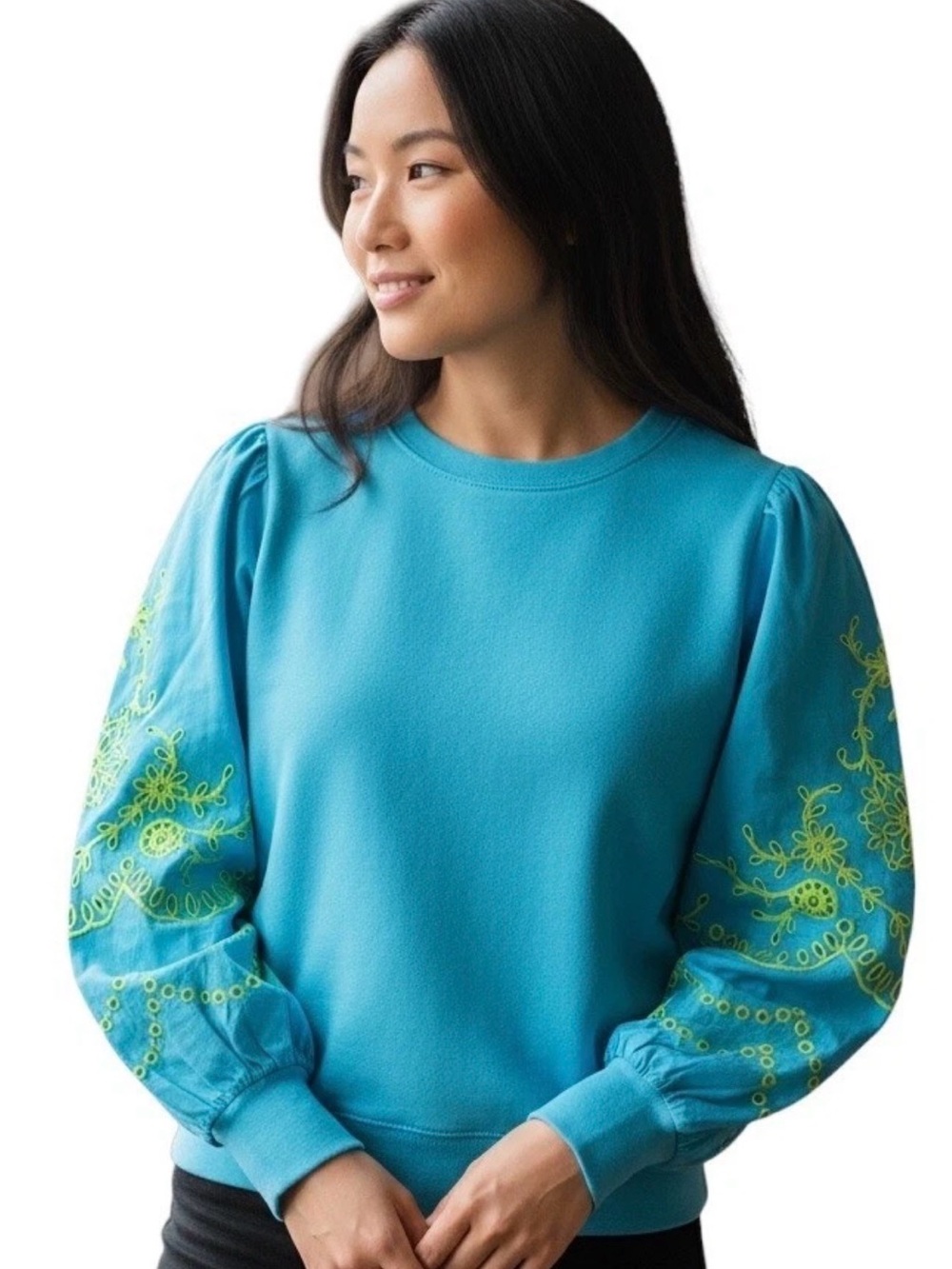 Lilly Pulitzer ALLA sweatshirt Turquoise Embroidered Sleeves XXS oversized NWT - Picture 5 of 14